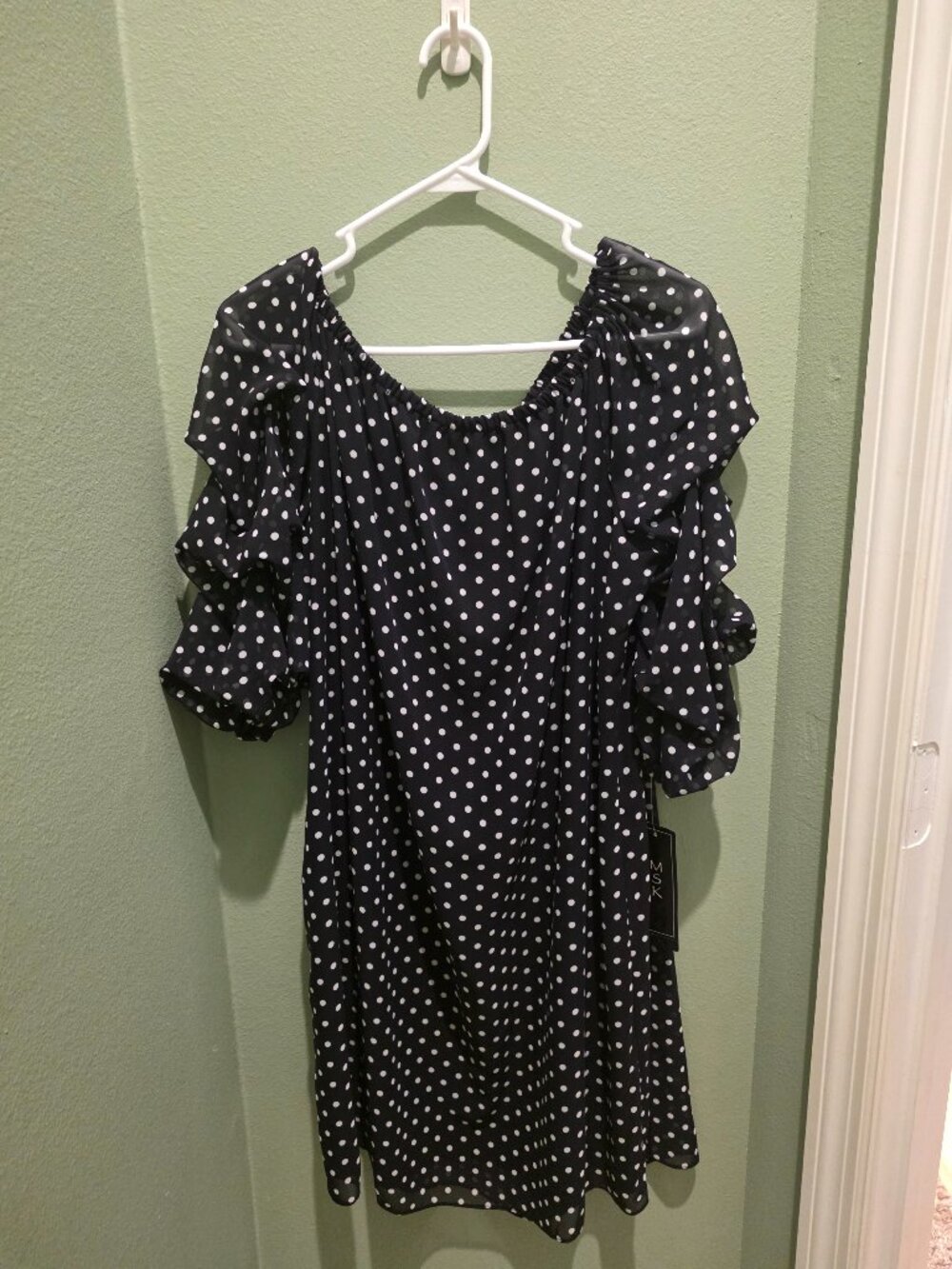MSK Black & White Polka Dot Dress Sheer Puff Ruffled Sleeves XLG